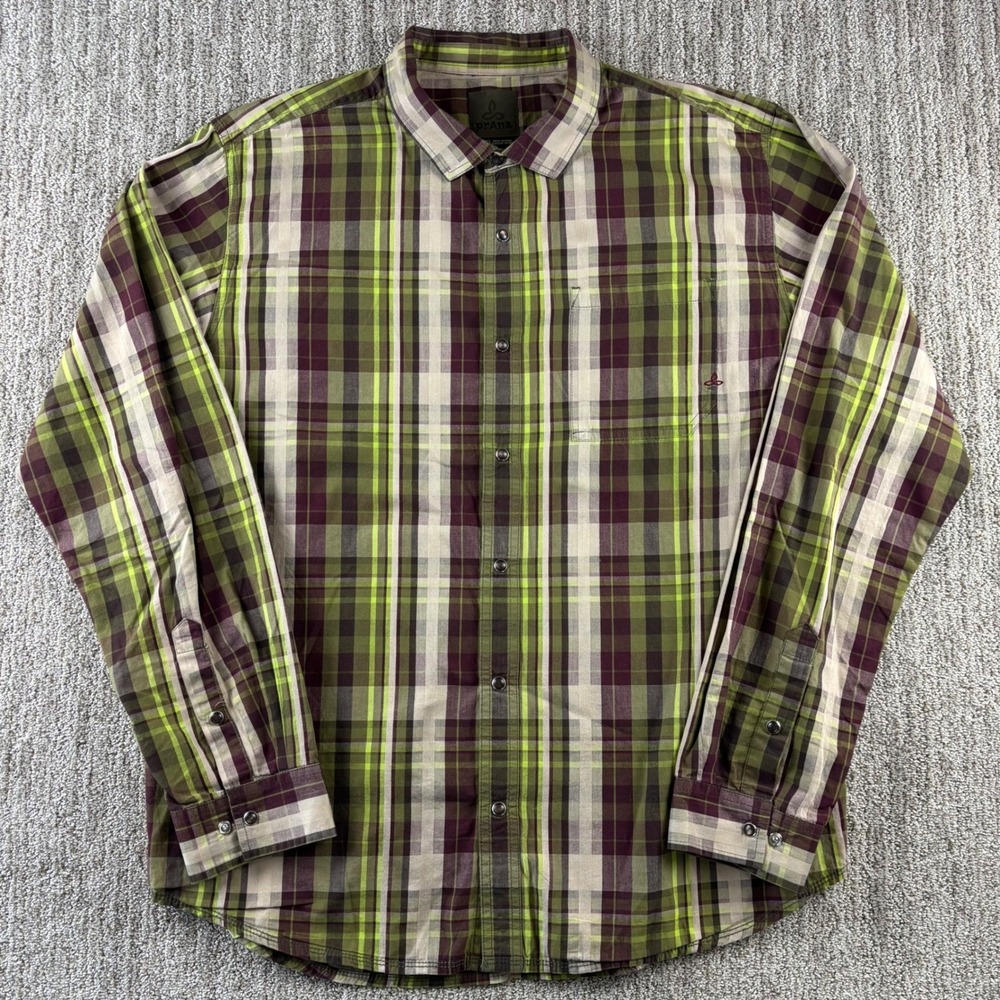 Prana Men's XL Plaid Pearl Snap Shirt Green Burgundy Beige Long Sleeve‎ Outdoor - Picture 3 of 12